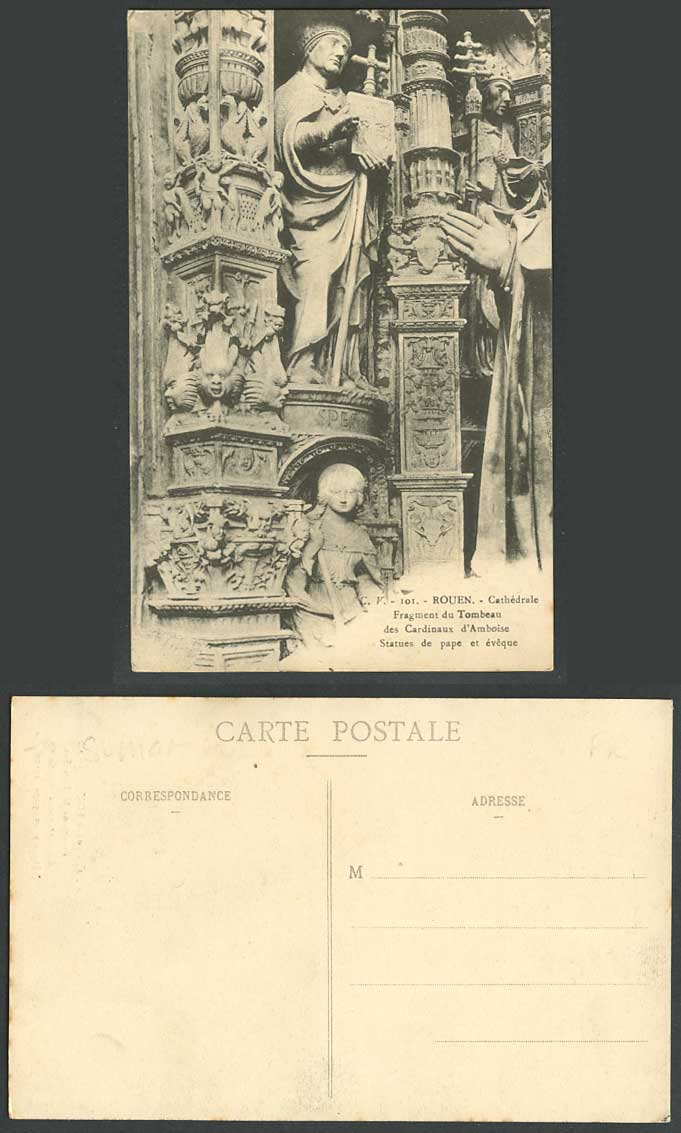 ROUEN Cathedral Old Postcard Fragment Tombeau de Cardinaux d'Amboise Pope Bishop