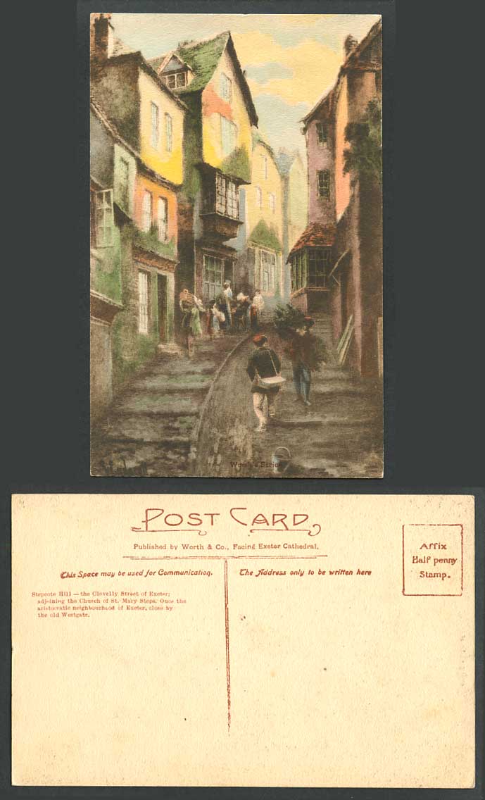 Stepcote Hill Clovelly Street Scene Exeter Church of St. Mary Steps Old Postcard