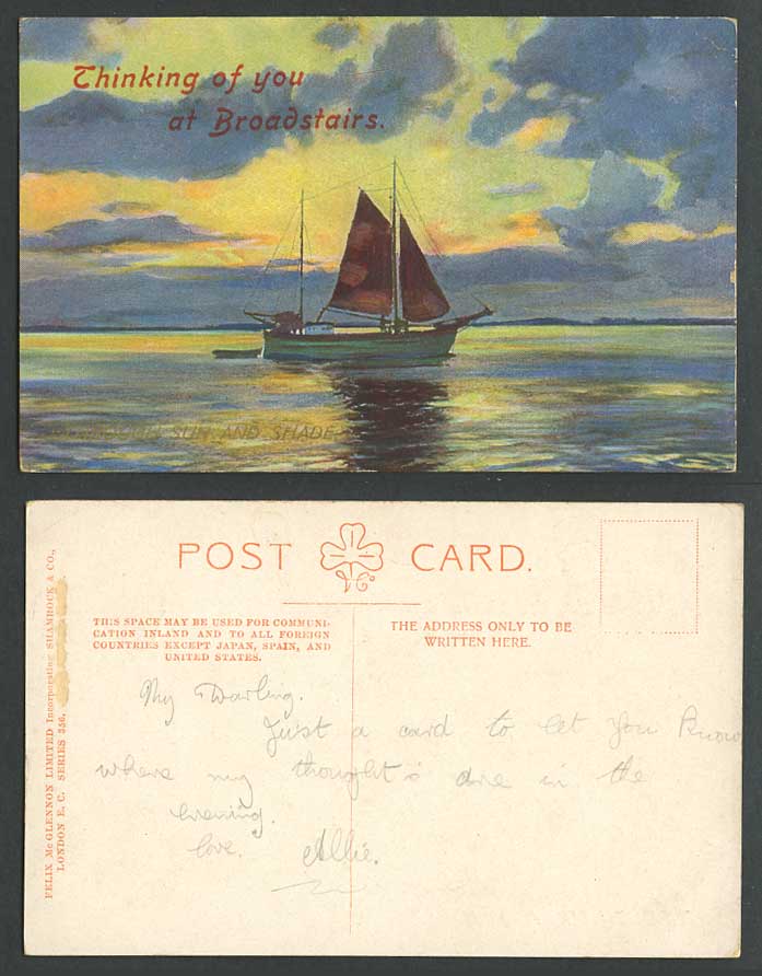 Thinking of You at Broadstairs, Sailing Boat, Through Sun and Shade Old Postcard