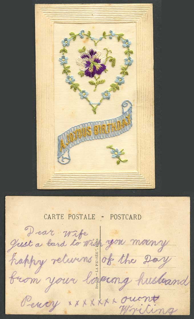 WW1 SILK Embroidered Old Postcard A Joyous Birthday, Heart Shaped Flowers, Pansy