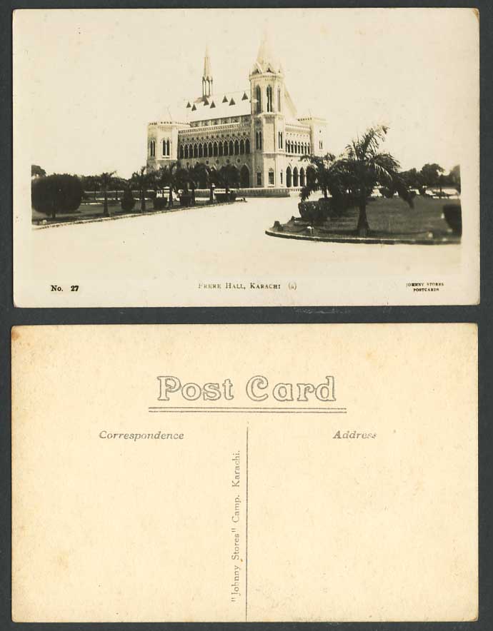 Pakistan Old Real Photo Postcard Karachi FRERE HALL Garden Johnny Stores Camp 27