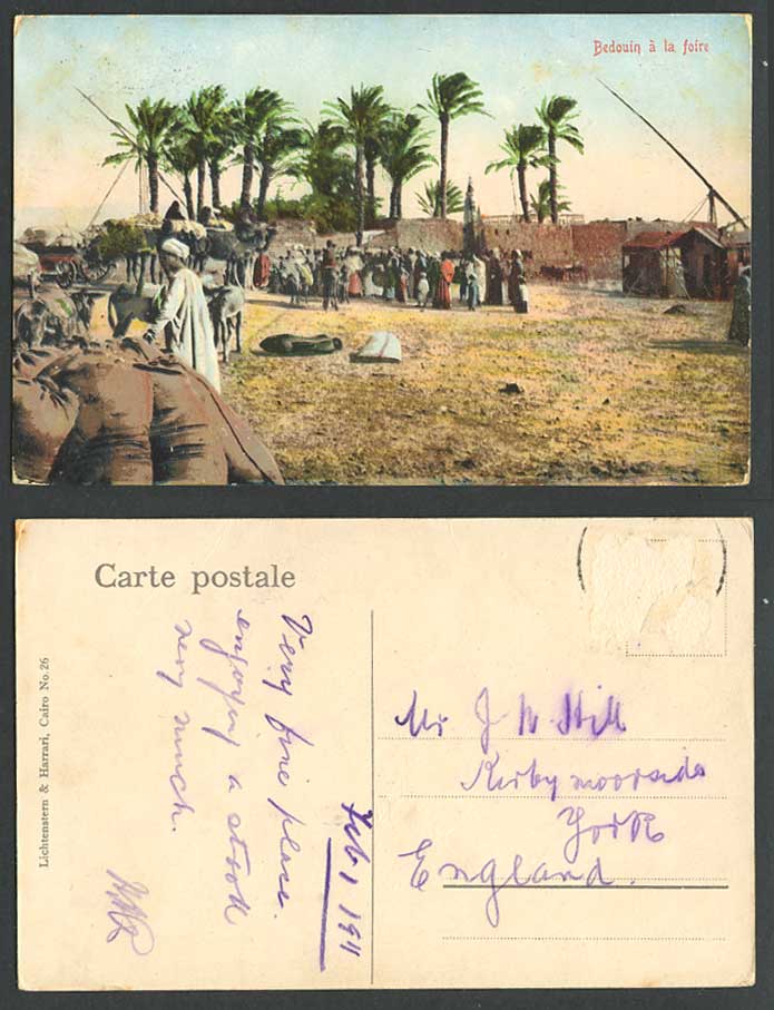 Egypt 1911 Old Colour Postcard Bedouin a la foire Palm Trees Donkey Beduin Allah
