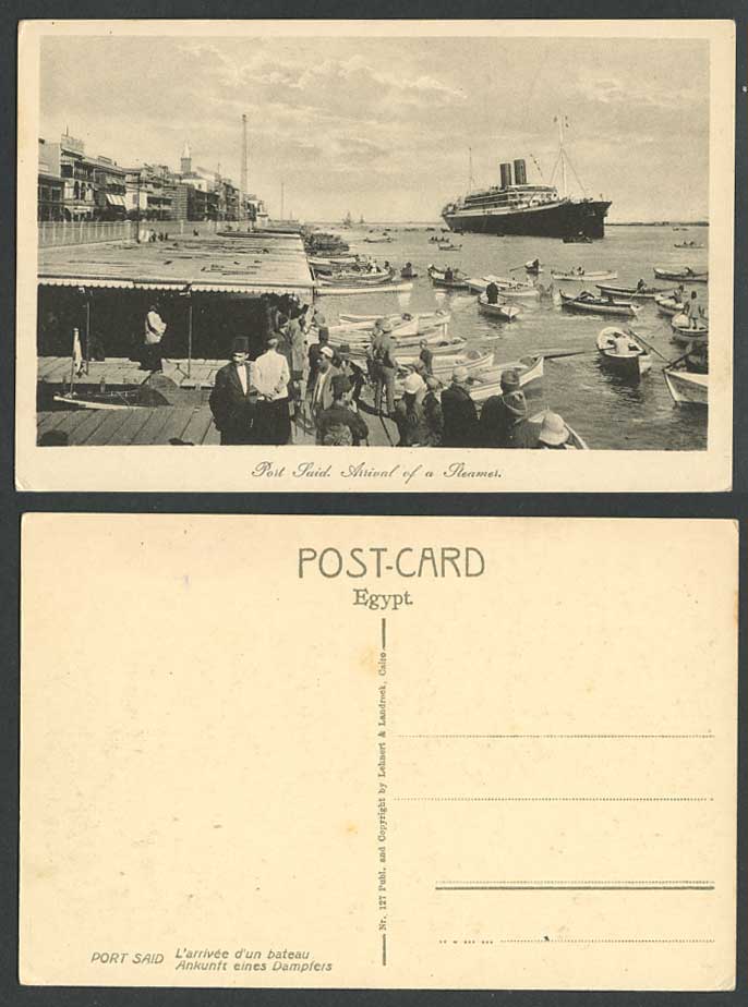 Egypt Old Postcard Port Said Arrival of Steamer Steam Ship, Rowing Boats Harbour
