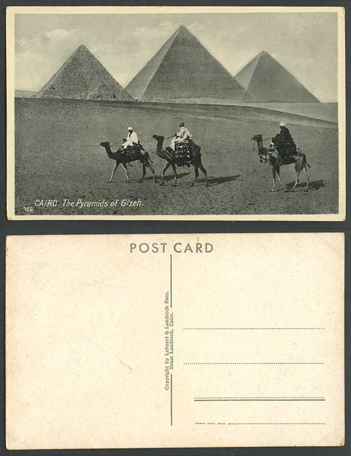 Egypt Old Postcard Cairo Pyramids of Gizeh Giza 3 Camel Riders Camels Sand Dunes