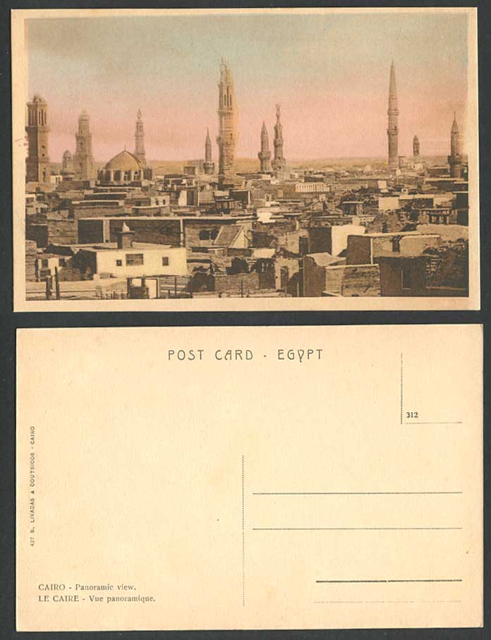 Egypt Old Hand Tinted Postcard Cairo Panoramic View Panorama Caire Mosque Towers