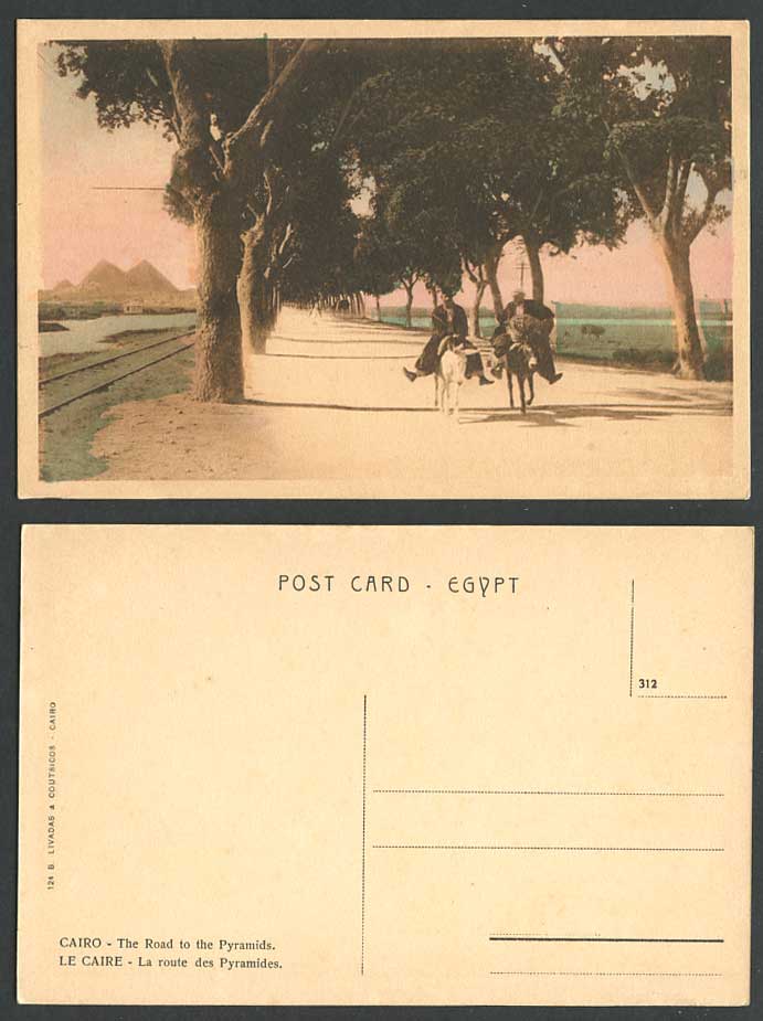Egypt Old Hand Tinted Postcard Cairo Road to The Pyramids Donkey Riders Railroad