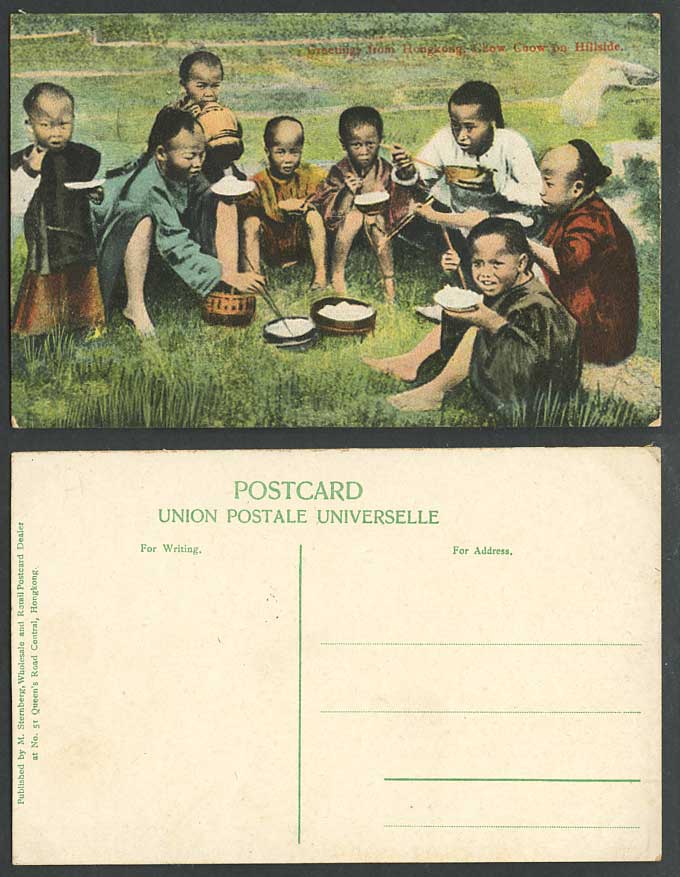 Hong Kong Greetings Old Colour Postcard Chow Chow on Hillside Native Chinese Boy