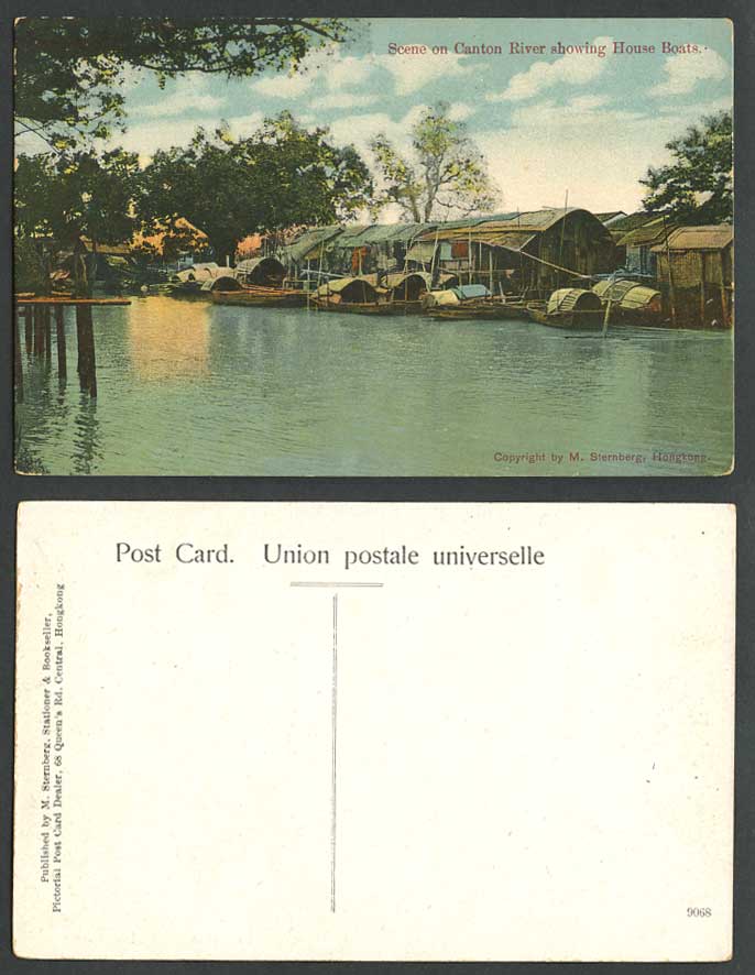 Hong Kong China Old Postcard Canton River Scene Showing House Boat Native Sampan