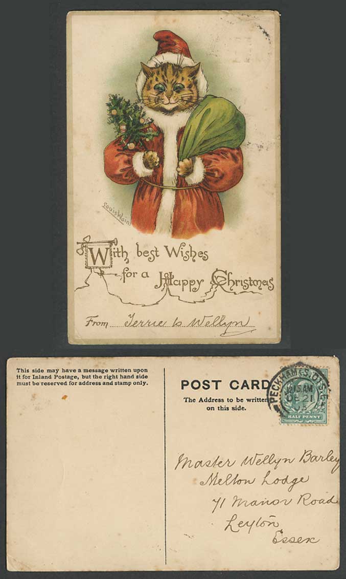 Louis Wain Artist Signed CAT Santa Claus Father Christmas 1903 Old Postcard Xmas