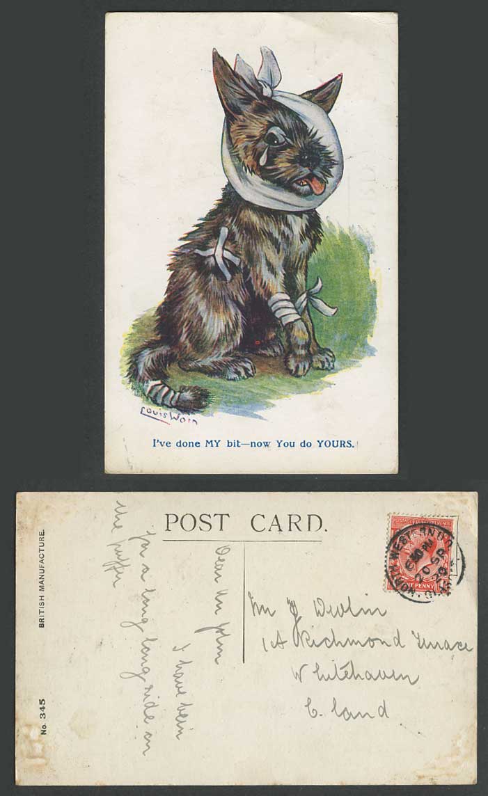 LOUIS WAIN Artist Signed, Dog Puppy Done My Bit Now U Do Yours 1920 Old Postcard