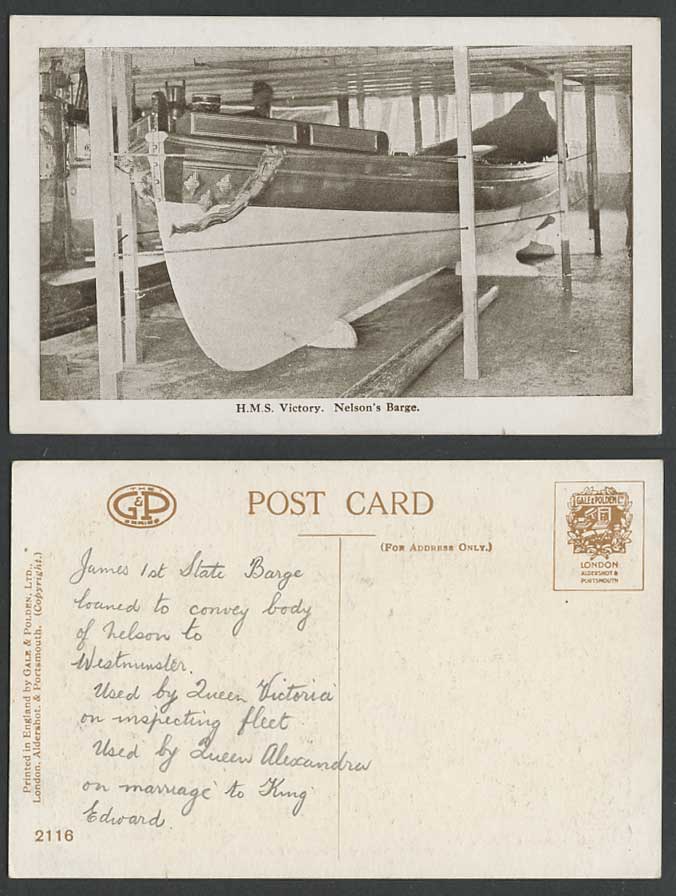 H.M.S. Victory, Nelson's Barge Boat, British Royal Navy Battle Ship Old Postcard