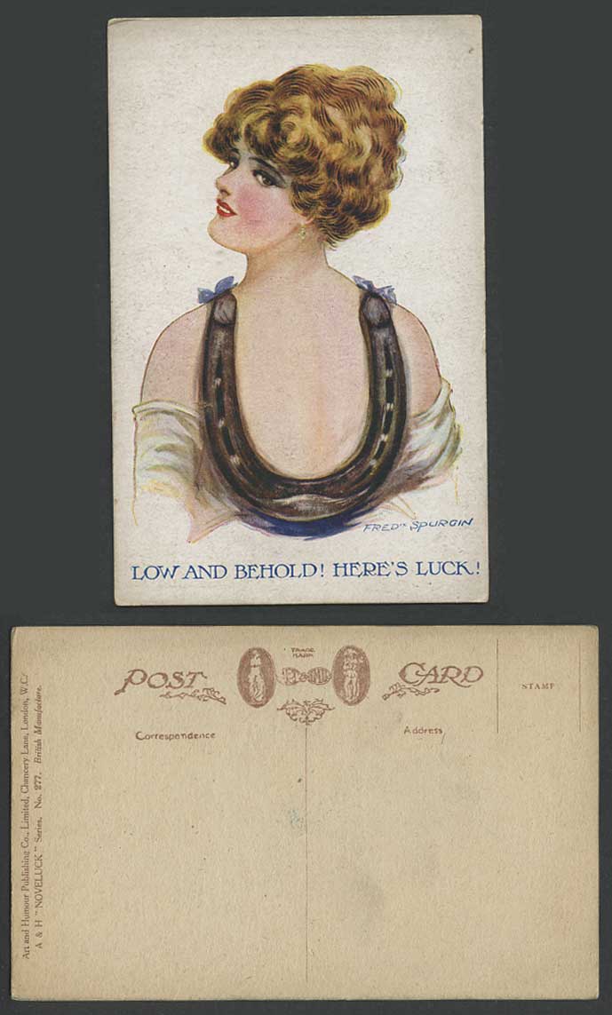Fred Spurgin Old Postcard Low & Behold Here's Luck Glamour Lady Woman, Horseshoe