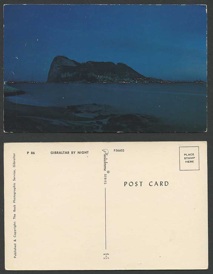 Gibraltar by Night Panorama Old Color Postcard The Rock Photographic Service P86