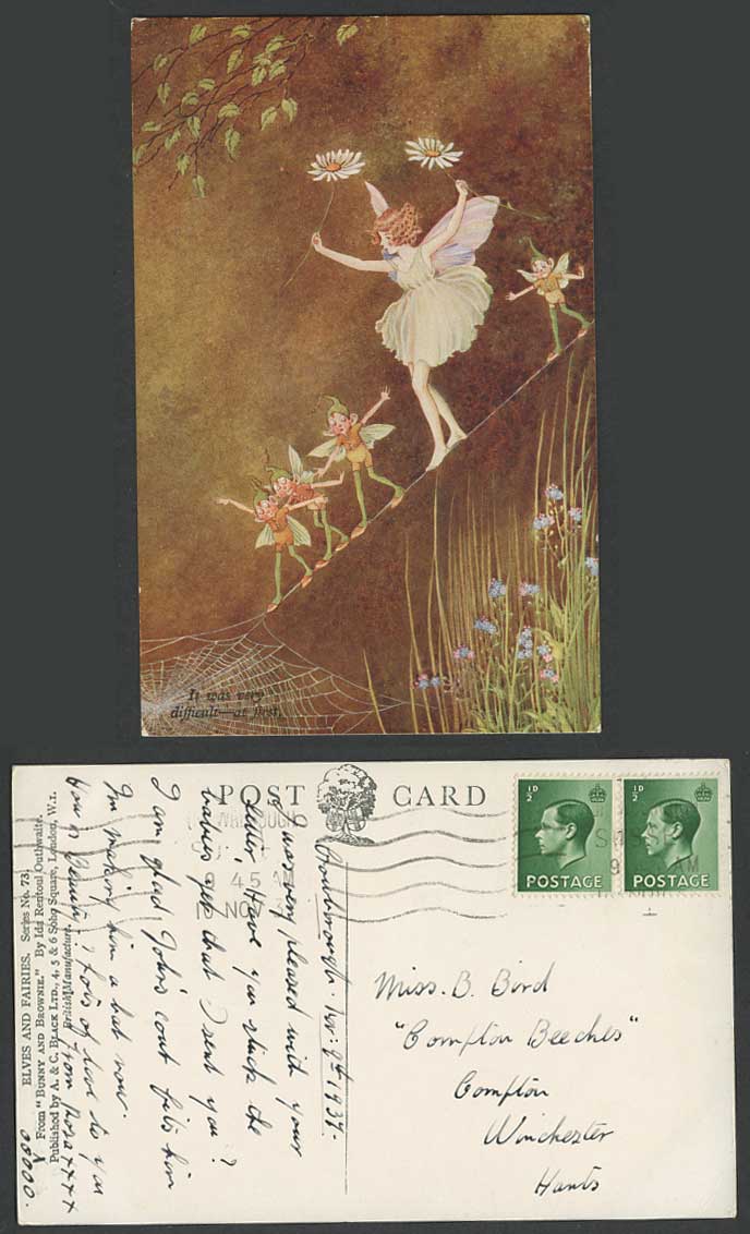 IR OUTHWAITE 1937 Old Postcard Fairy Girl Elves Tightrope Difficult at First Web