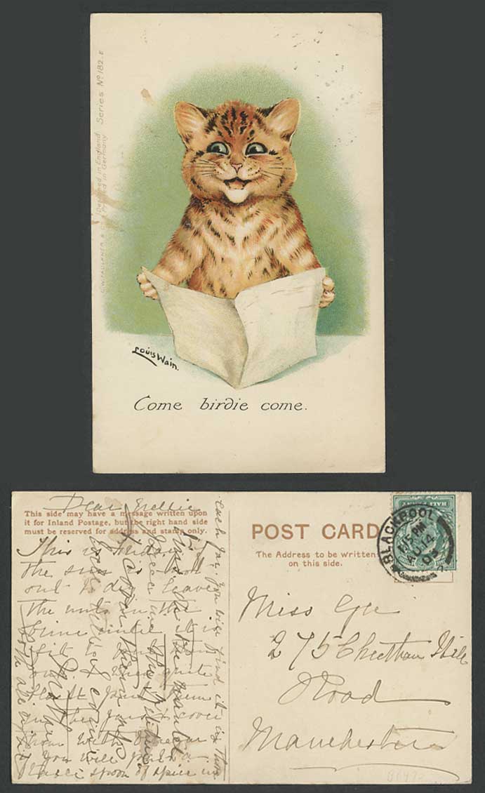 LOUIS WAIN Artist Signed Cat Kitten Come Birdie Come 1903 Old Postcard No. 182.E