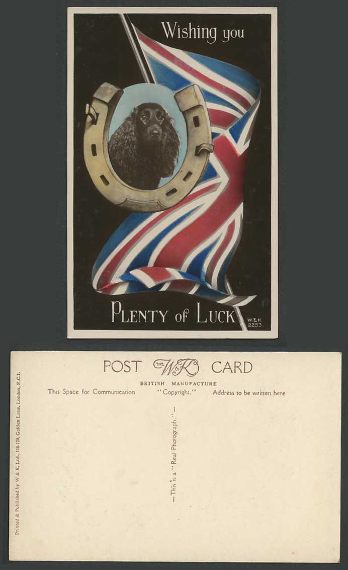 Cockard Spaniel Dog Horseshoe British Flag Wishing U Plenty of Luck Old Postcard