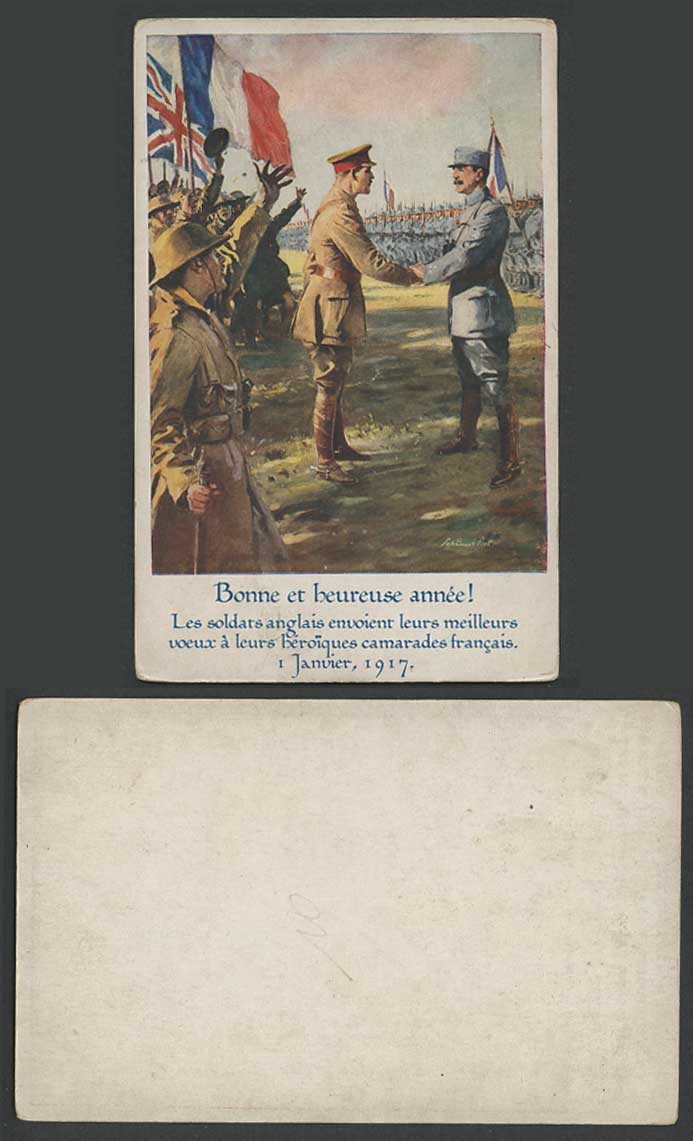 WW1 1 January 1917 Old Postcard Happy New Year English Soldiers, French Comrades