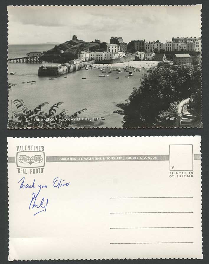 TENBY Old Real Photo Postcard The Harbour and Castle Hill Pier Boats Beach Sands