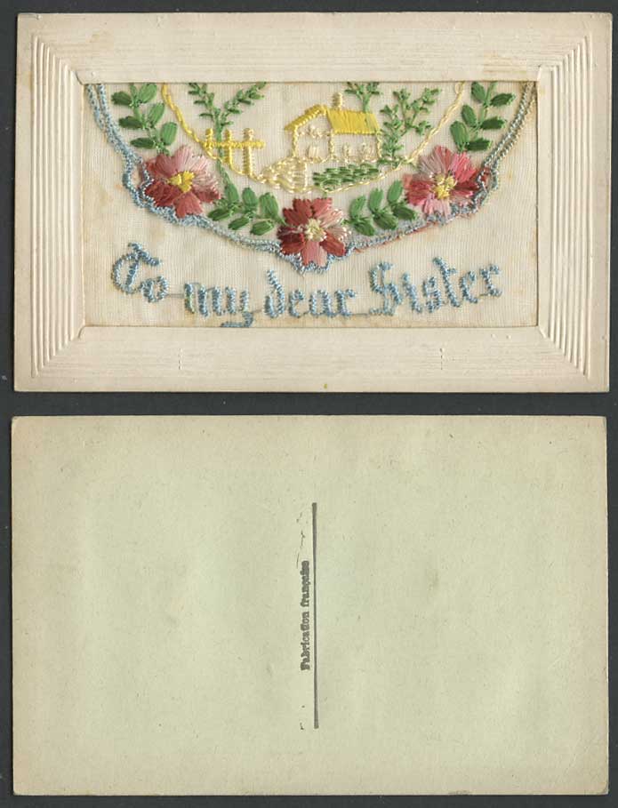 WW1 SILK Embroidered Old Postcard To My Dear Sister Cottage Flowers Empty Wallet