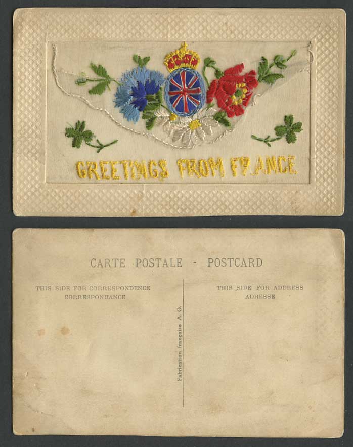 WW1 SILK Embroidered Old Postcard Greetings from France Empty Wallet Arms Flower
