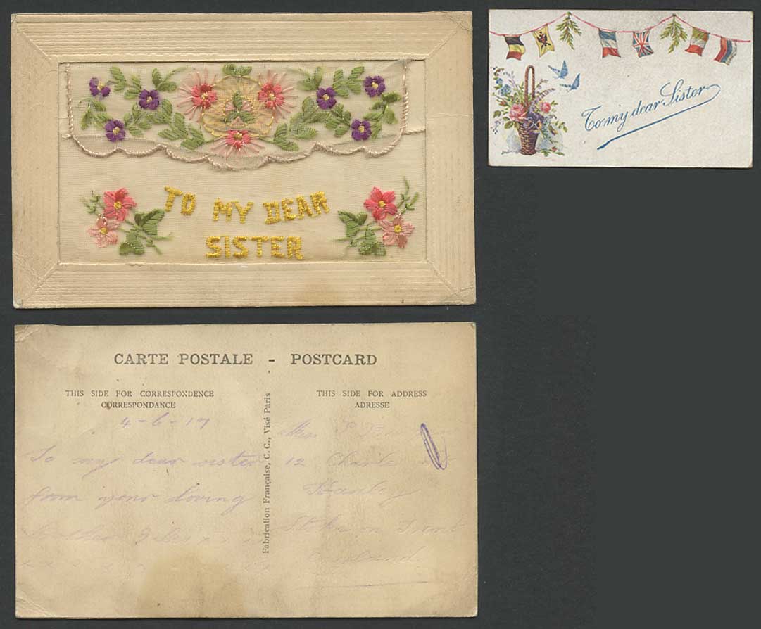 WW1 SILK Embroidered 1917 Old Postcard To My Dear Sister Flower Flag Wallet Card