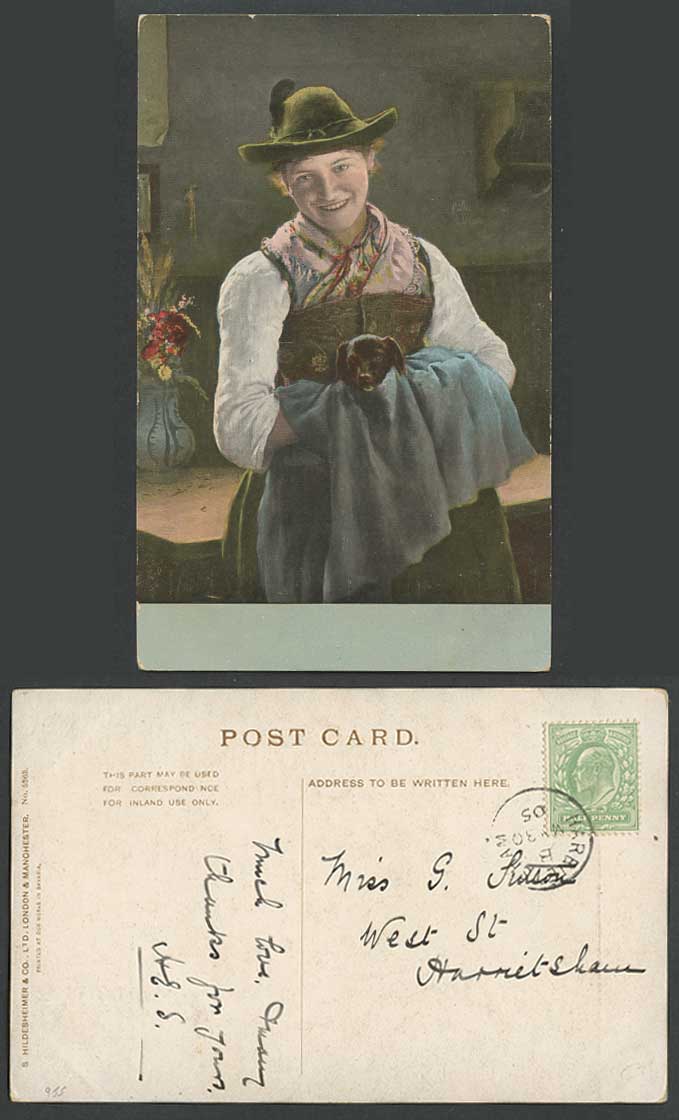 German Woman Lady Bavarian Hat Dog Puppy Flowers Artist Signed 1905 Old Postcard