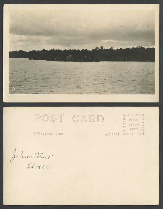 Johore Strait Feb. 1922 Old Real Photo Postcard Palm Trees Panorama Malaya No.71