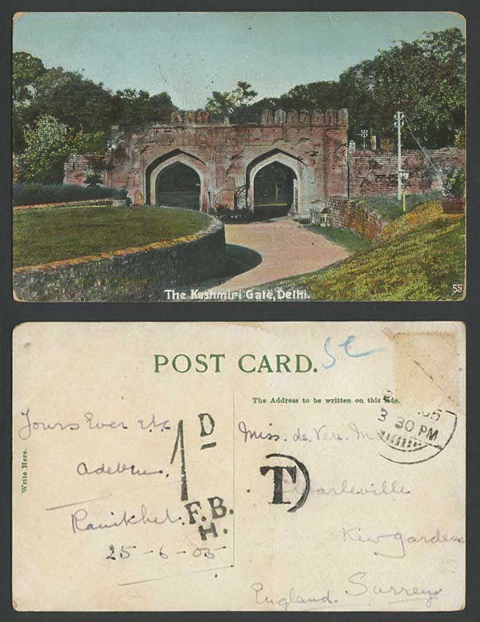 India Postage Dues 1905 Old Postcard DELHI Kashmiri Gate, Memorial Mutiny 1857AD