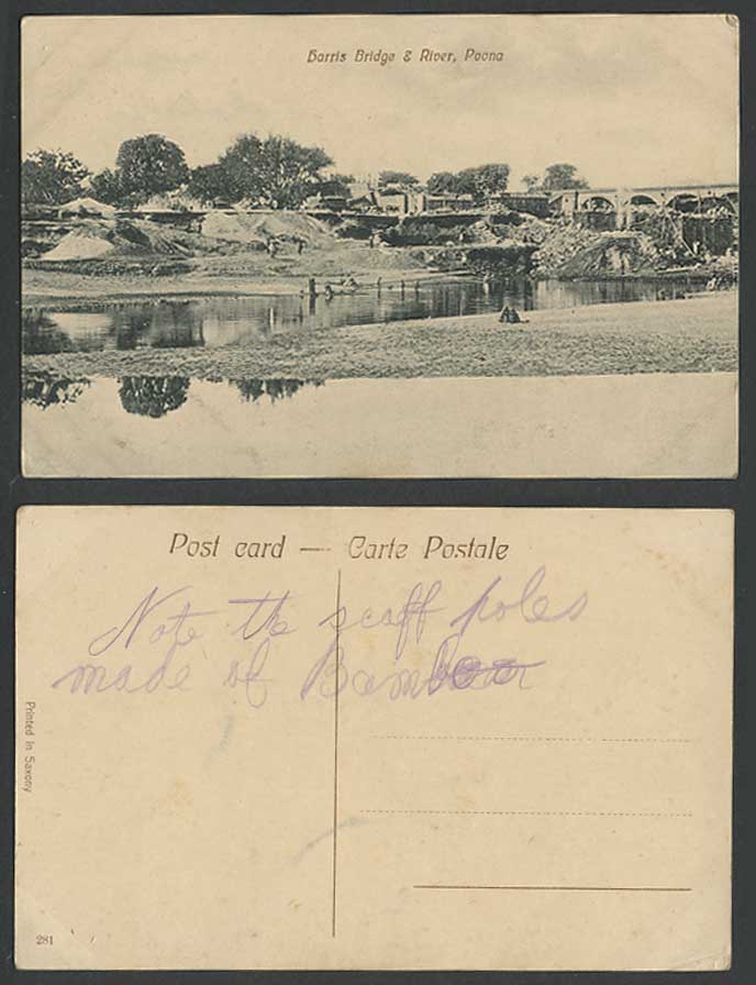 India Old Postcard Harris Bridge & River Scene Bathers Bathing Poona Pune No.281