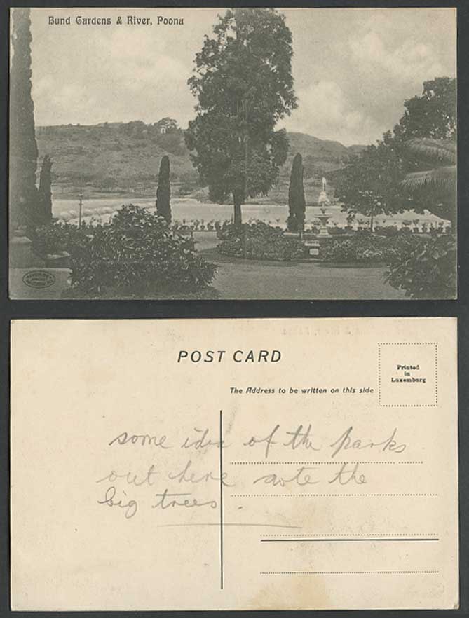 India Old Postcard Bund Gardens and River Scene Poona Pune Fountain Garden Trees