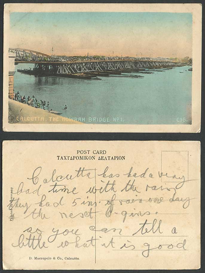 India Old Hand Tinted Postcard The Howrah Bridge No.1 Boats Calcutta River Scene