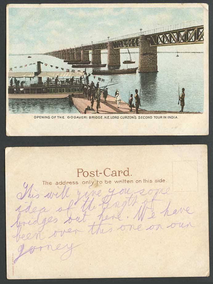 India Old UB Postcard Opening of Godaveri Bridge, H.E. Lord Curzon's Second Tour