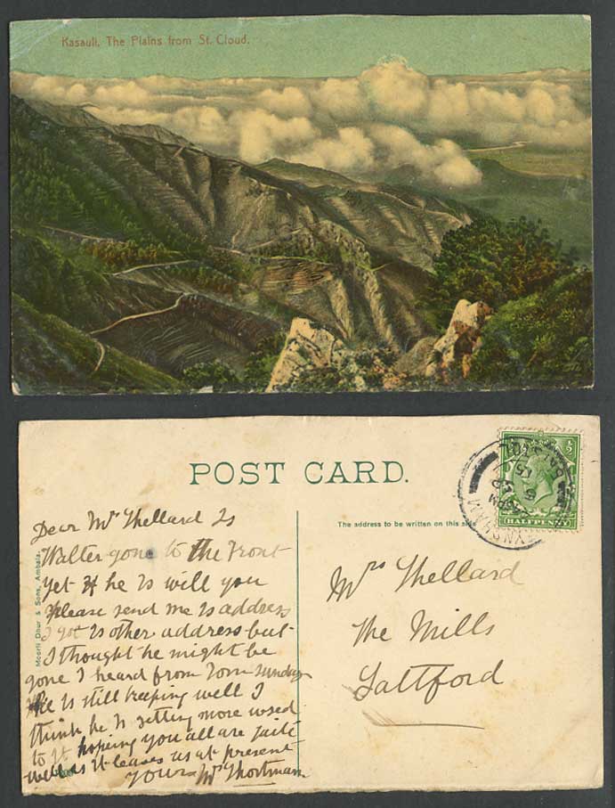 India GB KG5 1/2d 1915 Old Postcard Kasauli The Plains from St Cloud Clouds Hill