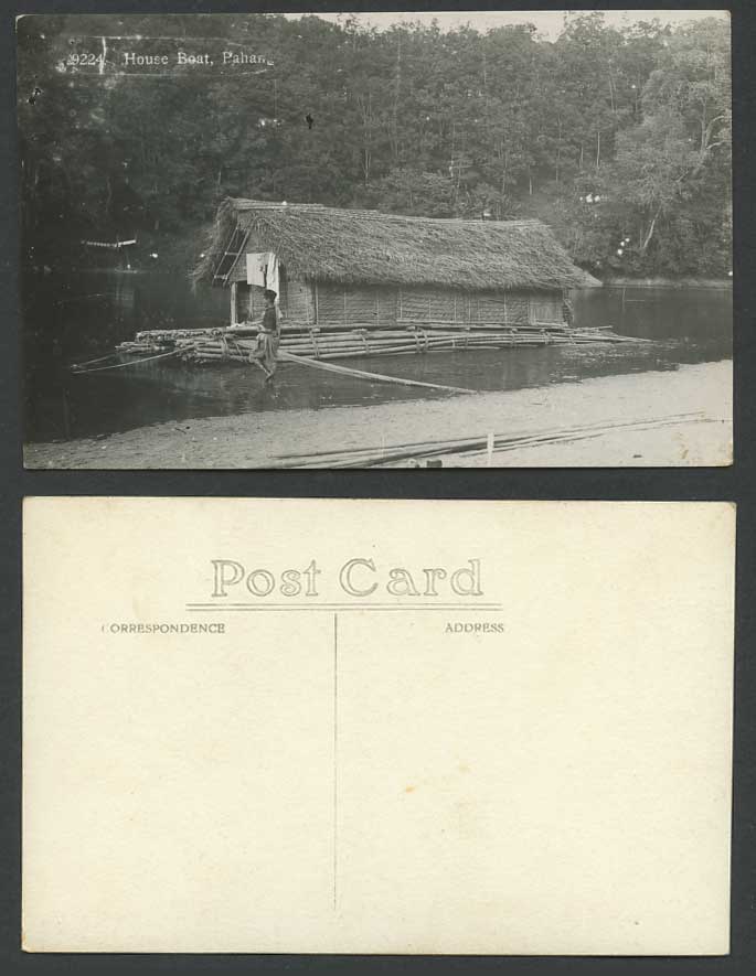 PAHANG House Boat Houseboat Malay Man Ethnic Life Malaya Old Real Photo Postcard