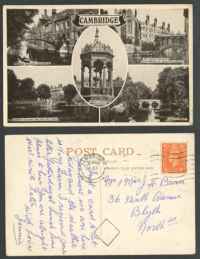 Cambridge 1950 Postcard Queen's College Bridge of Sign Library Trinity Mill Pond