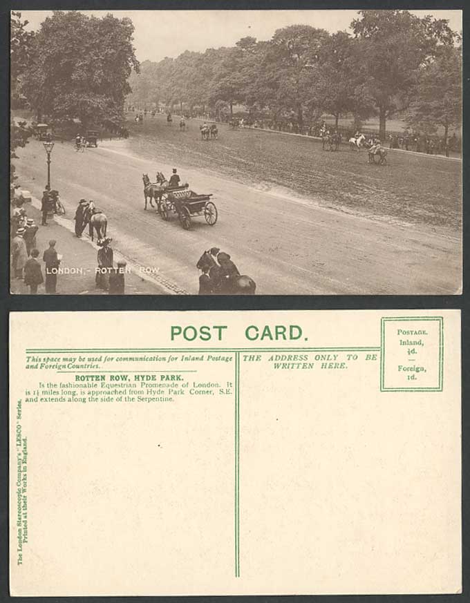 London Old Postcard Hyde Park, Rotten Row, Horses Riders Carts Carriages Cyclist