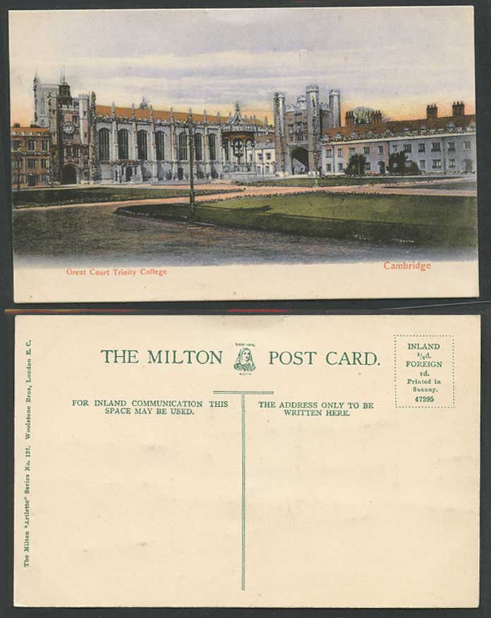 Cambridge Old Postcard Great Court Trinity College Novelty Glitters Clock Towers