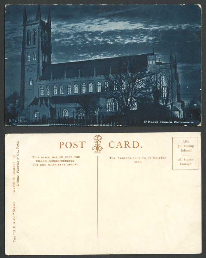Portsmouth St. Mary's Church Cathedral by Night Moonlight Old Postcard Hampshire