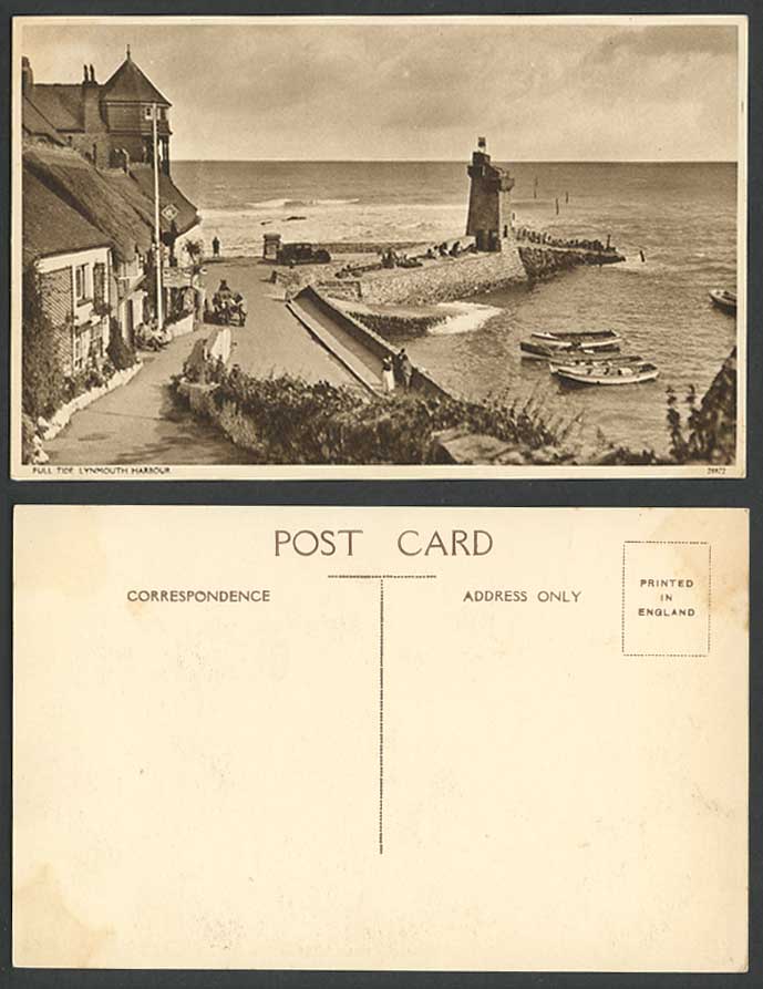 Lynmouth Harbour High Full Tide Old Postcard Rising Sun Hotel Harbour Lighthouse