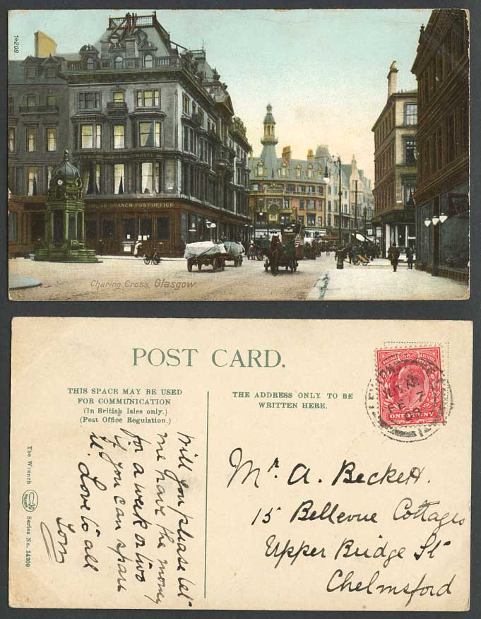 Glasgow 1908 Old Postcard Charing Cross Branch Post Office, Grand Hotel & Street