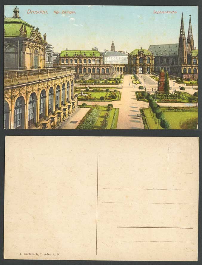 Germany Dresden Old Postcard Kgl. Zwinger Sophienkirche Church Gardens Fountains