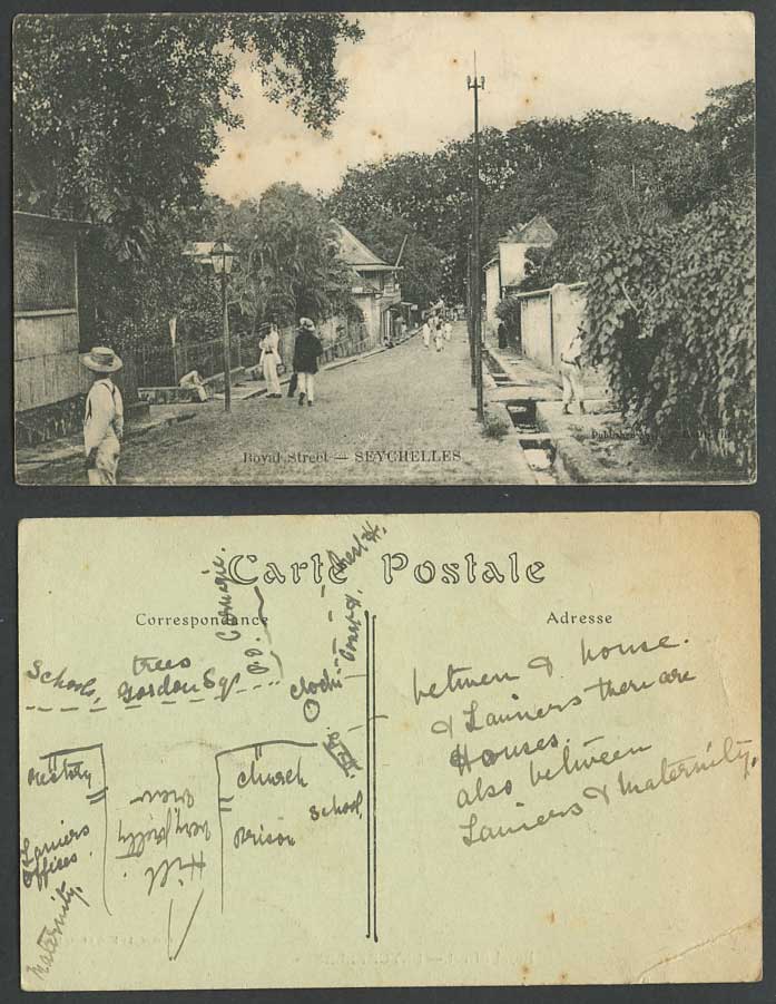 Seychelles Old Postcard Mahe Royal Boyal Street Scene, Road Map Drawings & Notes