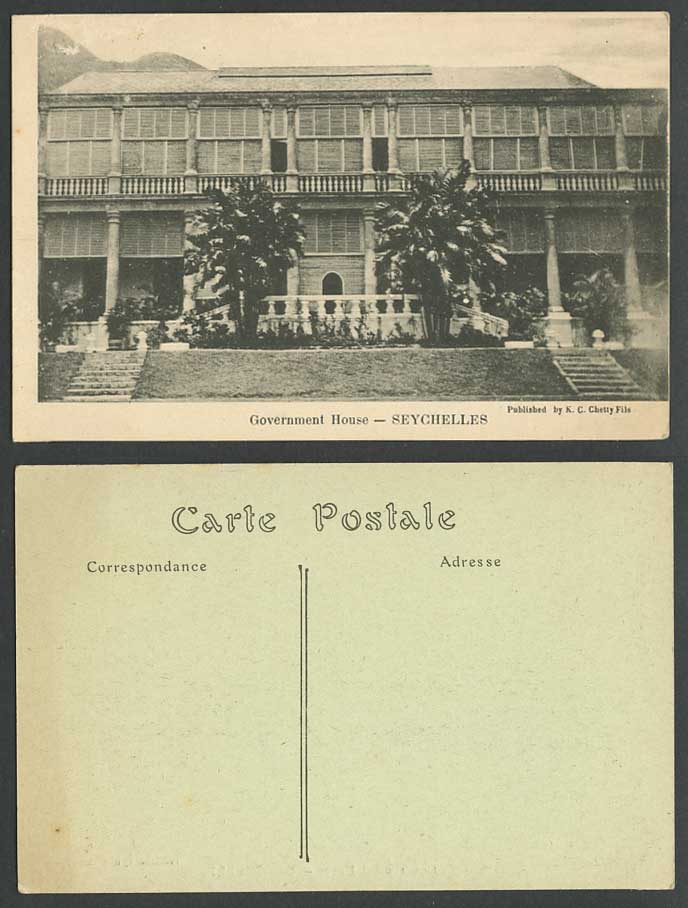 Seychelles Old Postcard Government House Mahe Palm Trees Steps, K.C. Chetty Fils