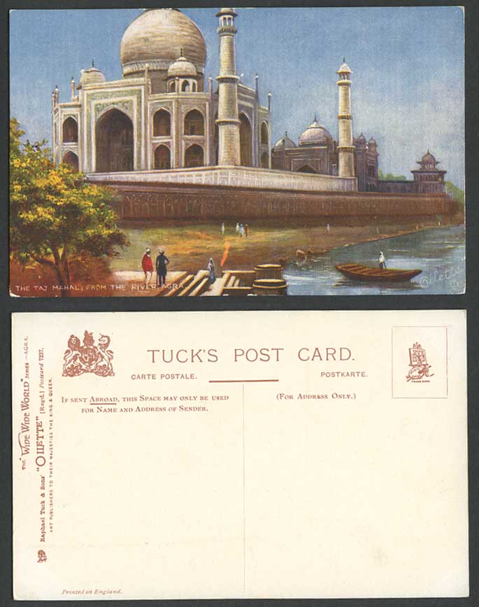 India Old Tuck's Oilette Postcard TAJ MAHAL from The River Agra, Wonder of Earth