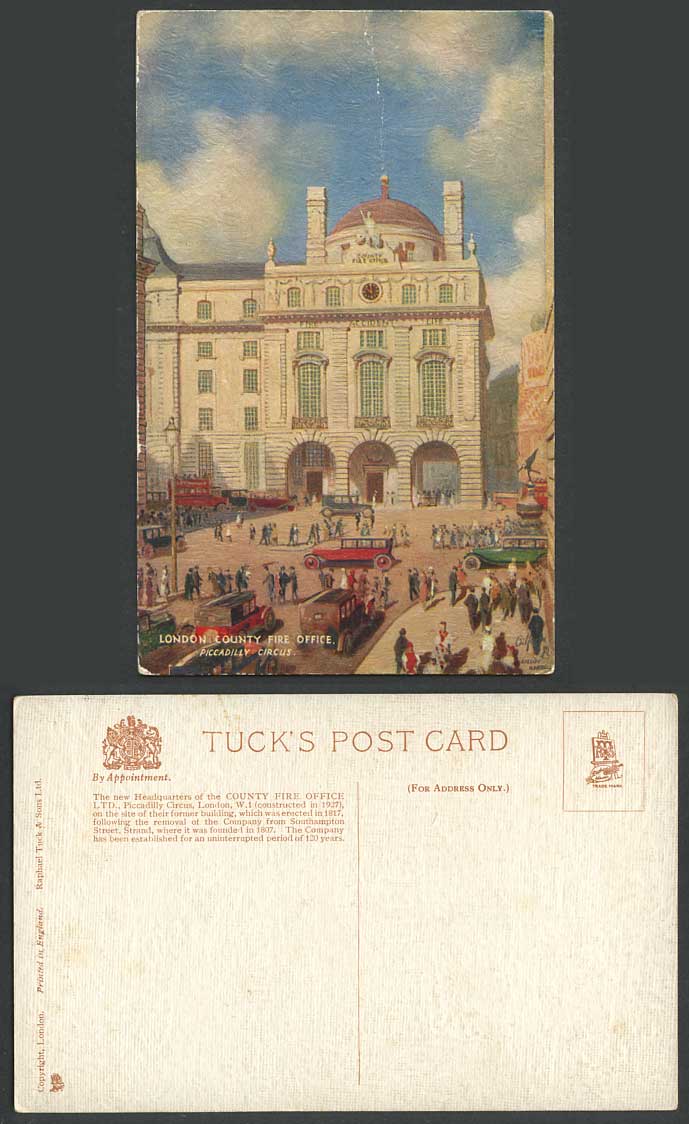 London, County Fire Office, Piccadilly Circus, Artist Signed Old Tuck's Postcard