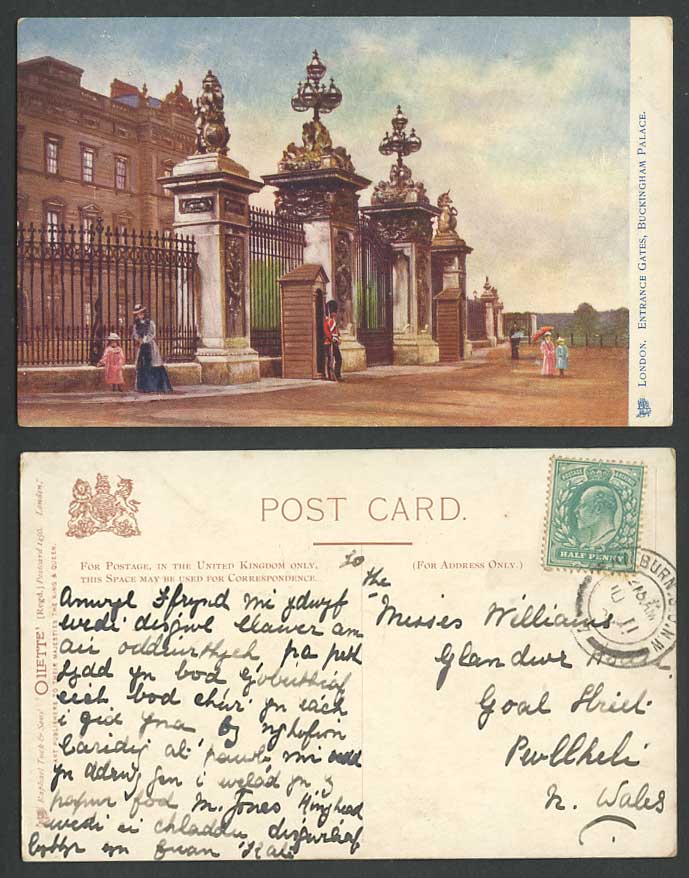 London 1904 Old Tuck's Oilette Postcard Buckingham Palace, Entrance Gates, Guard