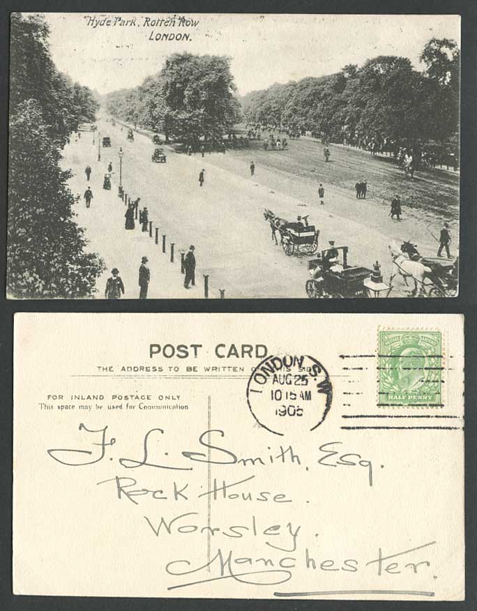 London 1905 Old Postcard Hyde Park Rotten Row Horse Riders Horses Carts Carriage