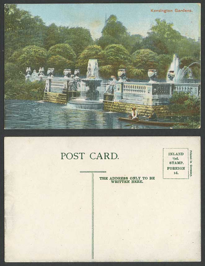 London Kensington Gardens Old Color Postcard Fountain Statues Canoe Boat Boating