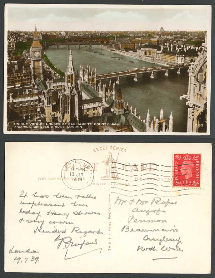 London Westminster Bridge Houses of Parliament, County Hall 1939 Old RP Postcard
