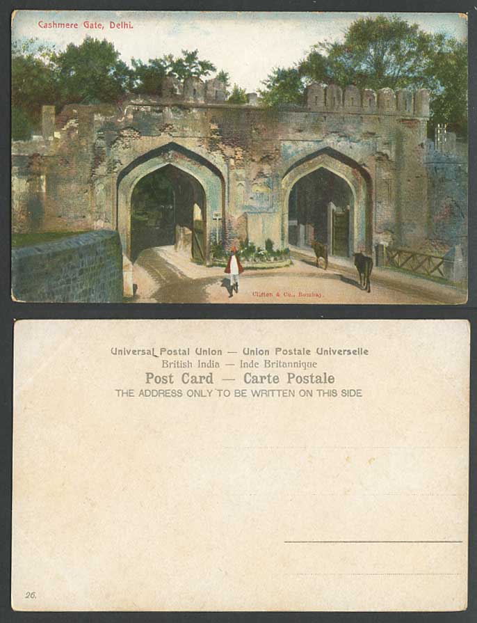 India Old Color Postcard Kashmir Cashmere Gate Delhi Pots Cattle Calf Street Man